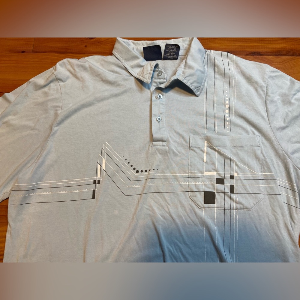 JOHN BLAIR Vtg 80s 90s Light Blue Geometric Short Sleeve Polo SHIRT Men's XL - Picture 2 of 8
